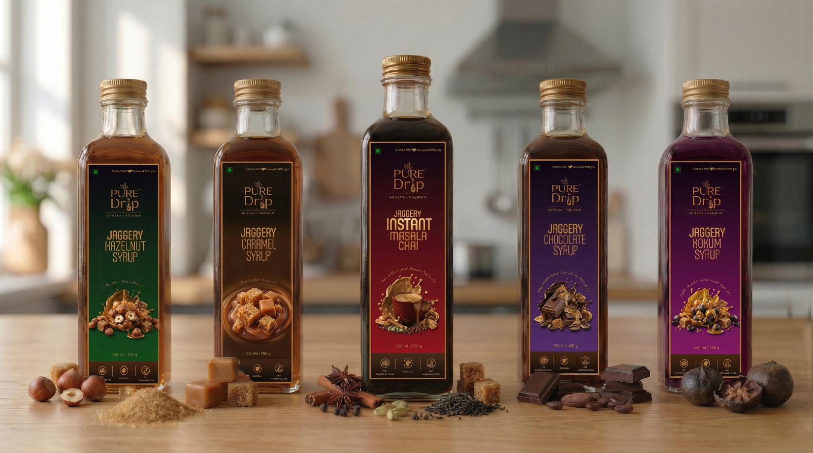 PureDrip Artisan Jaggery Syrups — Five bottles of Instant Masala Chai, Jaggery Caramel, Chocolate, Kokum, and Hazelnut syrup